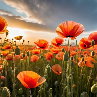 A mesmerizing macro photography displaying a field of translucent poppies constructed from clear plastic, beautifully captured during the golden hour. The delicate flowers, with their intricate details, glisten and shimmer in the warm, golden light, casting captivating shadows that lend depth to the scene. The background showcases a soft sunset hue, with rays of light piercing through the clouds, adding to the serene and whimsical atmosphere. This incredible image not only highlights the beauty of nature but also emphasizes the art of recycling and repurposing materials in a creative and stunning way., photo