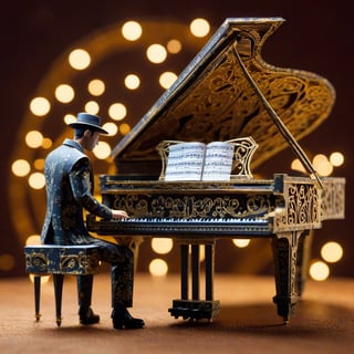 Create a detailed 3d render of a piano player made from paper-sheet-music, elaborate faircore artmosphere, bokeh