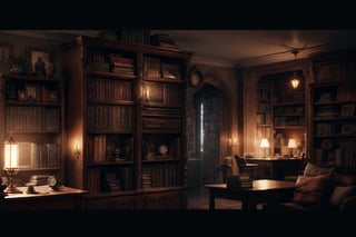 Cinematic photo, 35mm photograph, film, bokeh, professional, 8k, highly detailed, Night scene, Hogwarts bedroom at night, late night, gryffindor, highly detailed, lots of little things, traces of the tenant's presence, books, soft lightning,  