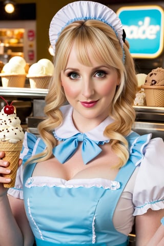 (8k, High Definition), high resolution, (realistic, photo-realistic), Melissa Rauch, maid costume, in ice cream shop, cute, detailed skin, realistic skin details, visible pores,