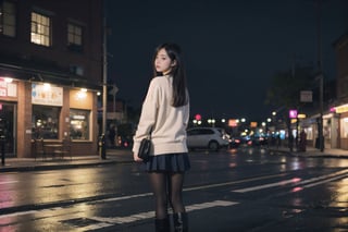 1girl, black hair color, long straight hair, slender body,medium breasts, leaf, silent street at night, (upper body: 1.2), (left rear view: 1.2), long cardigan, black pantyhose, short ankle boots, long pantskirt, raining, looking to the side,