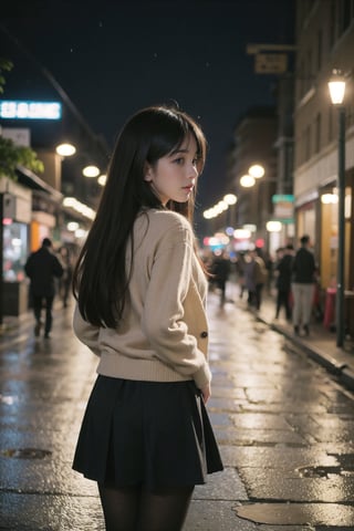 1girl, black hair color, long straight hair, slender body,medium breasts, leaf, silent street at night, (upper body: 1.2), (left rear view: 1.2), long cardigan, black pantyhose, short ankle boots, long pantskirt, raining