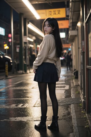 1girl, black hair color, long straight hair, slender body,medium breasts, leaf, silent street at night, (upper body: 1.2), (left rear view: 1.2), long cardigan, black pantyhose, short ankle boots, long pantskirt, raining, looking to the side,