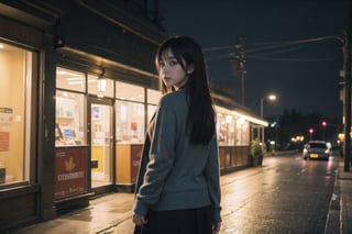 1girl, black hair color, long straight hair, slender body,medium breasts, leaf, silent street at night, (upper body: 1.2), (left rear view: 1.2), long cardigan, black pantyhose, short ankle boots, long pantskirt, raining, looking back