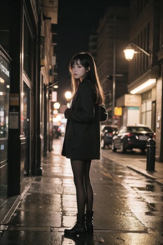 1girl, black hair color, long straight hair, slender body,medium breasts, leaf, silent street at night, (upper body: 1.2), (left rear view: 1.2), long cardigan, black pantyhose, short ankle boots, long pantskirt, raining