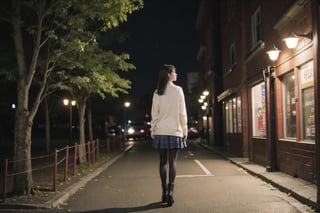 1girl, black hair color, long straight hair, slender body,medium breasts, leaf, silent street at night, (upper body: 1.2), (left rear view: 1.2), long cardigan, black pantyhose, short ankle boots, long pantskirt, raining