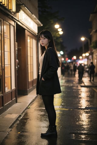 1girl, black hair color, long straight hair, slender body,medium breasts, leaf, silent street at night, (upper body: 1.2), (left rear view: 1.2), long cardigan, black pantyhose, short ankle boots, long pantskirt, raining, looking to the side,