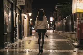 1girl, black hair color, long straight hair, slender body,medium breasts, leaf, silent street at night, (upper body: 1.2), (left rear view: 1.2), long cardigan, black pantyhose, short ankle boots, long pantskirt, raining