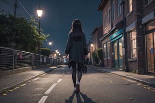 1girl, black hair color, long straight hair, slender body,medium breasts, leaf, bird, silent street at night, (full shot: 1.2), (left rear view: 1.2)