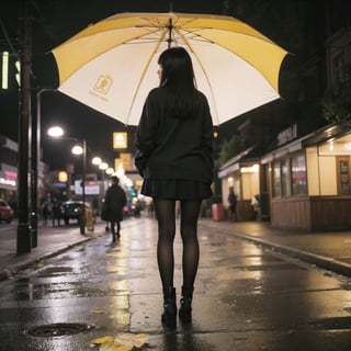 1girl, black hair color, long straight hair, slender body,medium breasts, leaf, silent street at night, (upper body: 1.2), (left rear view: 1.2), long cardigan, black pantyhose, short ankle boots, long pantskirt, raining