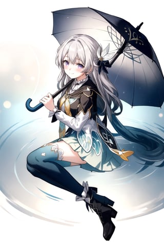 1girl,firefly \(honkai: star rail\),grey hair,long hair,purple eyes,closed mouth,light smile, black thighhighs, best quality, masterpiece, highres, intricate details, looking slightly shyly to the side, dynamic angle, from side, from above, 1girl, solo, holding {transparent umbrella}, looking at viewer, blush, frilled shirt, lacing sleeves, miniskirt, boots, white background, ray tracing, blue light, {waterdrops}, ripples, reflection, light particles, bokeh,