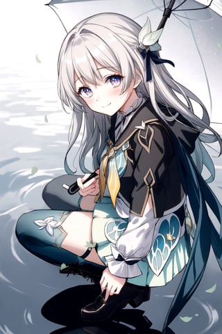 1girl,firefly \(honkai: star rail\),grey hair,long hair,purple eyes,closed mouth,light smile, black thighhighs, best quality, masterpiece, highres, intricate details, looking slightly shyly to the side, dynamic angle, from side, from above, 1girl, solo, holding {transparent umbrella}, looking at viewer, blush, frilled shirt, lacing sleeves, miniskirt, boots, white background, ray tracing, blue light, {waterdrops}, ripples, reflection, light particles, bokeh,