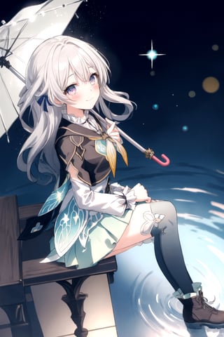 1girl,firefly \(honkai: star rail\),grey hair,long hair,purple eyes,closed mouth,light smile, black thighhighs, best quality, masterpiece, highres, intricate details, looking slightly shyly to the side, dynamic angle, from side, from above, 1girl, solo, holding {transparent umbrella}, looking at viewer, blush, frilled shirt, lacing sleeves, miniskirt, boots, white background, ray tracing, blue light, {waterdrops}, ripples, reflection, light particles, bokeh,