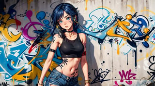 (masterpiece, best quality ), (colorful), (seductive) , Kuki Shinobu Genshin Effect, masterpiece, bestquality, 1girls, 30 year old ,medium breasts, bara, crop top, shorts jeans, choker, (Graffiti:1.5), color splashes, arm behind back, against wall, looking at the audience, bracelet, Thigh strap, Paint on the body......................................., Head tilt, bored, multicolored hair, water eyes, headset, landscape,