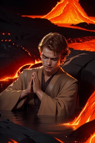 anakinskywalker, half submerged, i(((n lava))), eyes closed, praying