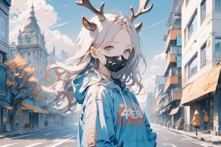 1girl, solo, long hair, looking at viewer, long sleeves, twintails, green eyes, standing, jacket, upper body, white hair, outdoors, horns, day, hood, hoodie, mask, hood down, building, clothes writing, forehead, city, hands in pockets, mouth mask, drawstring, road, antlers, street