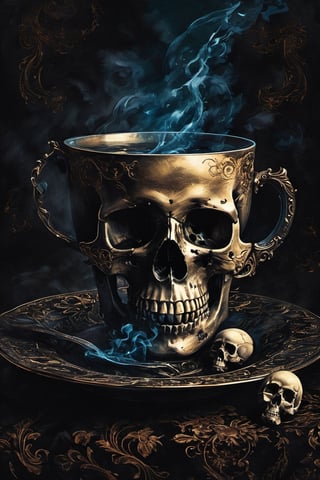 A macabre still life depiction: a vintage-style cup sits atop a dark, mysterious black background, its curves and contours illuminated by an eerie glow. In the foreground, a human skull lies open-mouthed, as if in mid-scream, surrounded by the ornate handle of the cup. The overall atmosphere is ominous and haunting, evoking a sense of mortality and foreboding.