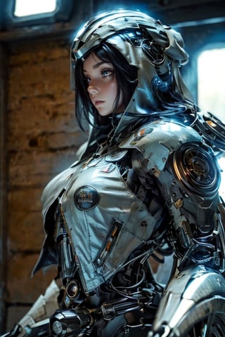 Black hair, weapons, female focus, girl, hood, torn cloak, , racing motorcycle, skeleton, riding, machine gun, boots, dark fantasy, perfect light,yk_cyborgs,cyborggirl,c1bo,cyborg_girl,cyborg 