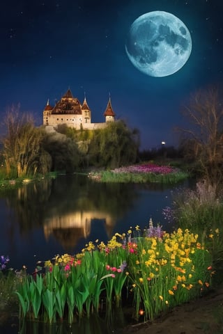 Evening, Romanian castle, blooming pond, bright moon, bats, dreary trees and flowers, dead reeds,Dark Majic,DonMD4rk3lv3sXL