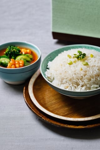 food, cup, no humans, plate, bowl, realistic, spoon, rice, food focus, vegetable, still life,booth