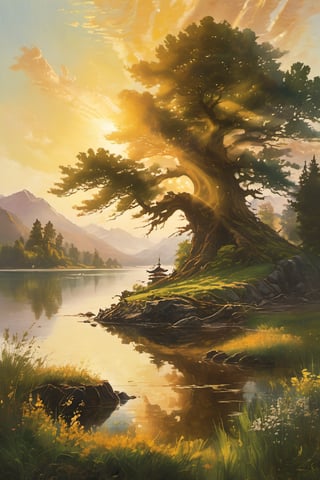 Golden light of dawn illuminates a serene spring morning scene. A majestic big tree stands tall at the water's edge of a vast big lake, its reflection perfectly mirrored in the calm waters. In the distance, a big rock mountain rises, its rugged peaks meeting the sky. Beyond the lake, big farmland stretches out, with rolling hills and lush greenery. Amidst this idyllic landscape, a magnificent golden dragon sprawls across the grassy clearing, its scales glistening in the warm sunlight.