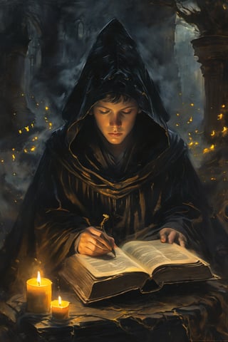 A young boy sits solo, cloaked in darkness, his hood up and a mysterious black cloak draped around him. He holds an open book, the yellowed pages illuminated by the soft glow of candles arranged on a nearby stand. The flickering flames dance across his pale face, casting eerie shadows as he intently reads the ancient tome. A skull rests on a nearby pedestal, its empty gaze seeming to watch over the young scholar's quiet devotion.