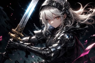 solo, red eyes, 1girl, holding, weapon, male focus, sword, hood, holding weapon, armor, torn clothes, glowing, holding sword, gauntlets, cloak, hood up