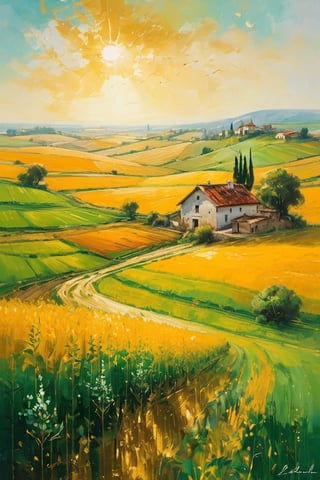 Golden fields stretching as far as the eye can see under a warm, radiant sunlight. A vast expanse of farmland unfolds, with a subtle gradient of green hues from the lush crops. Amidst this idyllic scene, glints of gold and silver treasures sparkle on the sun-kissed earth, inviting discovery.