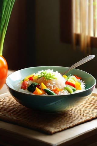 food, cup, no humans, plate, bowl, realistic, spoon, rice, food focus, vegetable, still life,booth