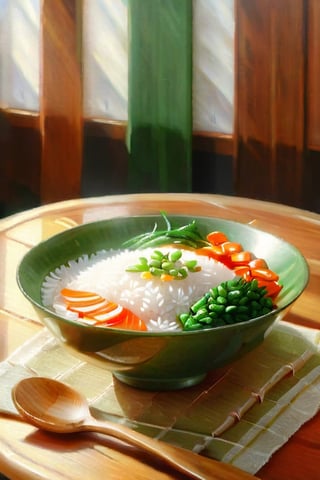 food, cup, no humans, plate, bowl, realistic, spoon, rice, food focus, vegetable, still life,booth