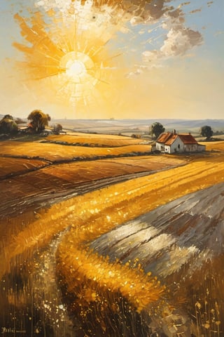 Sun, large farmland, large land, warm sunlight, gold and silver treasures on the ground