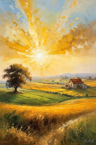 Golden rays of warm sunlight illuminate a vast expanse of farmland, stretching out to meet the horizon. In the midst of this sun-kissed landscape, glints of treasure sparkle like diamonds against the rich earth. Gold and silver coins, scattered across the land, seem to shimmer with an otherworldly glow, inviting discovery.