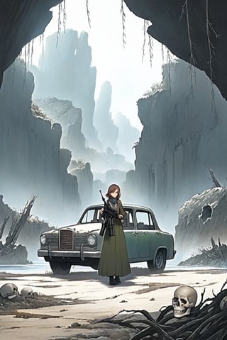 
Solo, 1 girl, standing, outdoors, in front, scenery, machine gun, ruins, skull cave, whirlwind, whirlwind, dust, flying vines, dried up waterway, broken down car