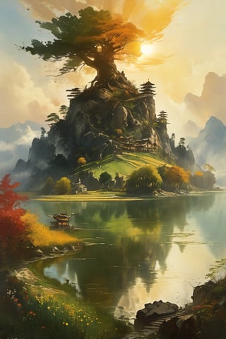 In a land where the sun shines brightly over the horizon, a big tree casts a wide shadow across a big lake. Nearby, a towering big rocky mountain looms over vast big farmland where crops thrive. At the heart of this fertile land stands a big house, a sanctuary for all who reside there. High above, a majestic golden dragon flies gracefully through the sky.


