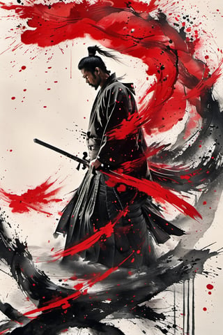 A lone figure stands tall on a serene white backdrop, cloaked in traditional Japanese attire. From the back, his katana glints in the soft light as he holds it at the ready. A vibrant red scarf flows dramatically down his back, contrasting with the solemnity of the scene. The surrounding tree serves as a subtle framing device, drawing attention to the mysterious warrior's imposing stance and majestic hakama.