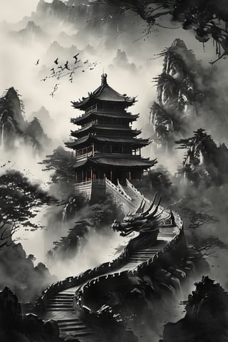 A monochromatic depiction of an ancient Chinese temple, surrounded by a sprawling tree with gnarled branches. A majestic Eastern dragon, its scales glistening in shades of grey, wraps around the structure's columns. Chinese characters, rendered in elegant greyscale calligraphy, adorn the walls as the dragon's wispy tail disappears into the misty atmosphere.