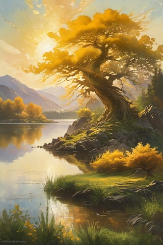 Golden light of dawn illuminates a serene spring morning scene. A majestic big tree stands tall at the water's edge of a vast big lake, its reflection perfectly mirrored in the calm waters. In the distance, a big rock mountain rises, its rugged peaks meeting the sky. Beyond the lake, big farmland stretches out, with rolling hills and lush greenery. Amidst this idyllic landscape, a magnificent golden dragon sprawls across the grassy clearing, its scales glistening in the warm sunlight.