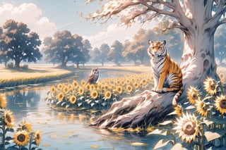 
Here's the prompt translated into English:

"At the edge of a pond, beautiful sunflowers bloom. Sitting quietly at the edge of the sunflower field is a tiger. Contrary to its wild nature, the tiger calmly observes its surroundings. Meanwhile, deep within the sunflower field, an owl perches on a tree, silently contemplating something. Suddenly, a carp emerges from the pond's surface. How do these four elements connect, and what message does this story convey?"