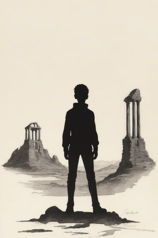 solo, 1boy, standing, outdoors, from behind, scenery, 1other, ruins, ambiguous gender,outline