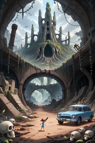 
Solo, 1 girl, standing, outdoors, in front, scenery, machine gun, ruins, skull cave, whirlwind, whirlwind, dust, flying vines, dried up waterway, broken down car,disney pixar style