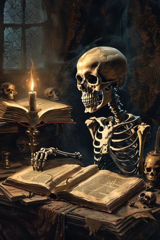 A skeletal figure, with a worn and weathered skull, holds an open book in its bony fingers. The pages are filled with ancient text, and the lighting is dimly lit from above, casting long shadows across the desk. The multiple boys' toys scattered around the scene hint at the story being read, while the eerie silence fills the air.