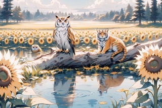 
Here's the prompt translated into English:

"At the edge of a pond, beautiful sunflowers bloom. Sitting quietly at the edge of the sunflower field is a tiger. Contrary to its wild nature, the tiger calmly observes its surroundings. Meanwhile, deep within the sunflower field, an owl perches on a tree, silently contemplating something. Suddenly, a carp emerges from the pond's surface. How do these four elements connect, and what message does this story convey?"