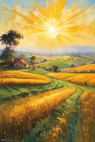 Golden rays of warm sunlight illuminate a vast expanse of farmland, stretching out to meet the horizon. In the midst of this sun-kissed landscape, glints of treasure sparkle like diamonds against the rich earth. Gold and silver coins, scattered across the land, seem to shimmer with an otherworldly glow, inviting discovery.