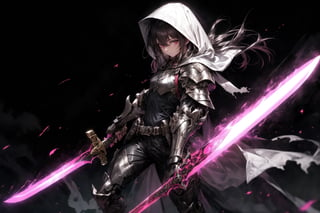 solo, red eyes, 1girl, holding, weapon, male focus, sword, hood, holding weapon, armor, torn clothes, glowing, holding sword, gauntlets, cloak, hood up