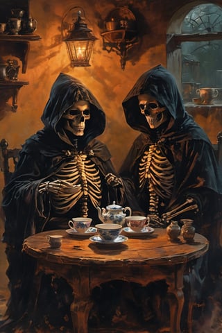 A dimly lit indoor scene with a hooded figure sitting on a worn wooden chair. Two young boys, dressed in traditional attire, sit at a small table surrounded by the accoutrements of tea time: cups, plates, and saucers. A candle casts a warm glow, illuminating the scene. In the background, a skeleton perches on a nearby shelf, its skull grinning mischievously. The hooded figure, donning a cloak, holds a teacup and spoon, as if sipping a cup of tea. The boys' eyes are fixed intently on the mysterious stranger, their faces aglow with curiosity.