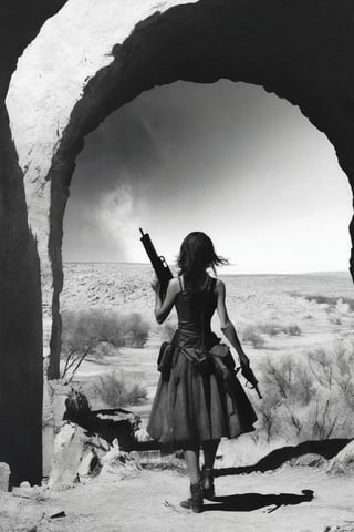 
Solo, 1 girl, standing, outdoors, from behind, scenery, machine gun, ruins, skull cave, whirlwind, whirlwind, dust, flying vines, dried up waterway, broken down car, black and white background