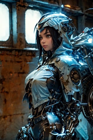 Black hair, weapons, female focus, girl, hood, torn cloak, , racing motorcycle, skeleton, riding, machine gun, boots, dark fantasy, perfect light,yk_cyborgs,cyborggirl,c1bo,cyborg_girl,cyborg 