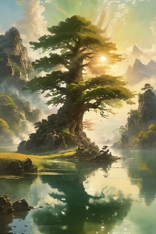 A majestic spring morning scene: a massive ancient tree stands tall amidst a serene lake, reflecting the warm sunlight. In the distance, a rugged rock mountain rises, with lush green farmland stretching out as far as the eye can see. Amidst this idyllic backdrop, a golden dragon majestically soars through the sky, its scales glinting in the morning sun.