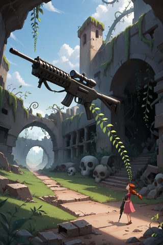 
Solo, 1 girl, standing, outdoors, in front, scenery, machine gun, ruins, skull cave, whirlwind, whirlwind, dust, flying vines, dried up waterway, broken down car,disney pixar style