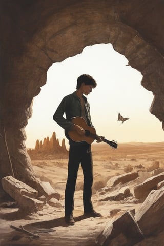 Solo, 1 boy, standing, outdoors, from behind, scenery, 1 guitar, ruins, skull cave, whirlwind, whirlwind, dust, flying vines, dried up waterway, broken down car